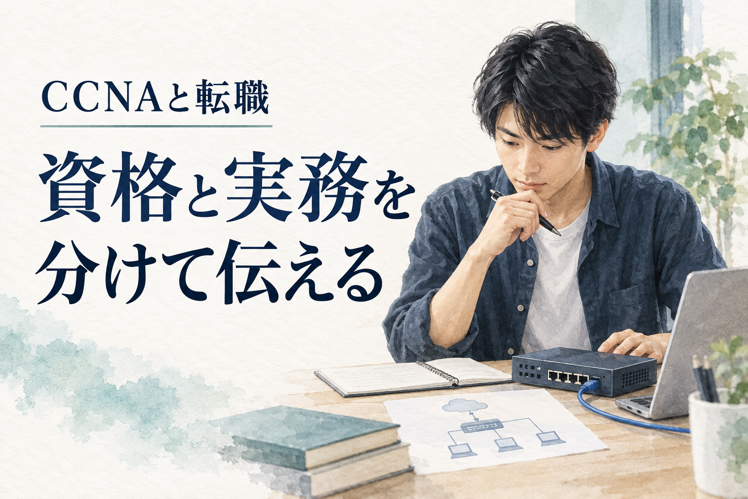 CCNA 転職の記事画像。水彩の仕事場面と「CCNAと転職／資格と実務を分けて伝える」の文字。