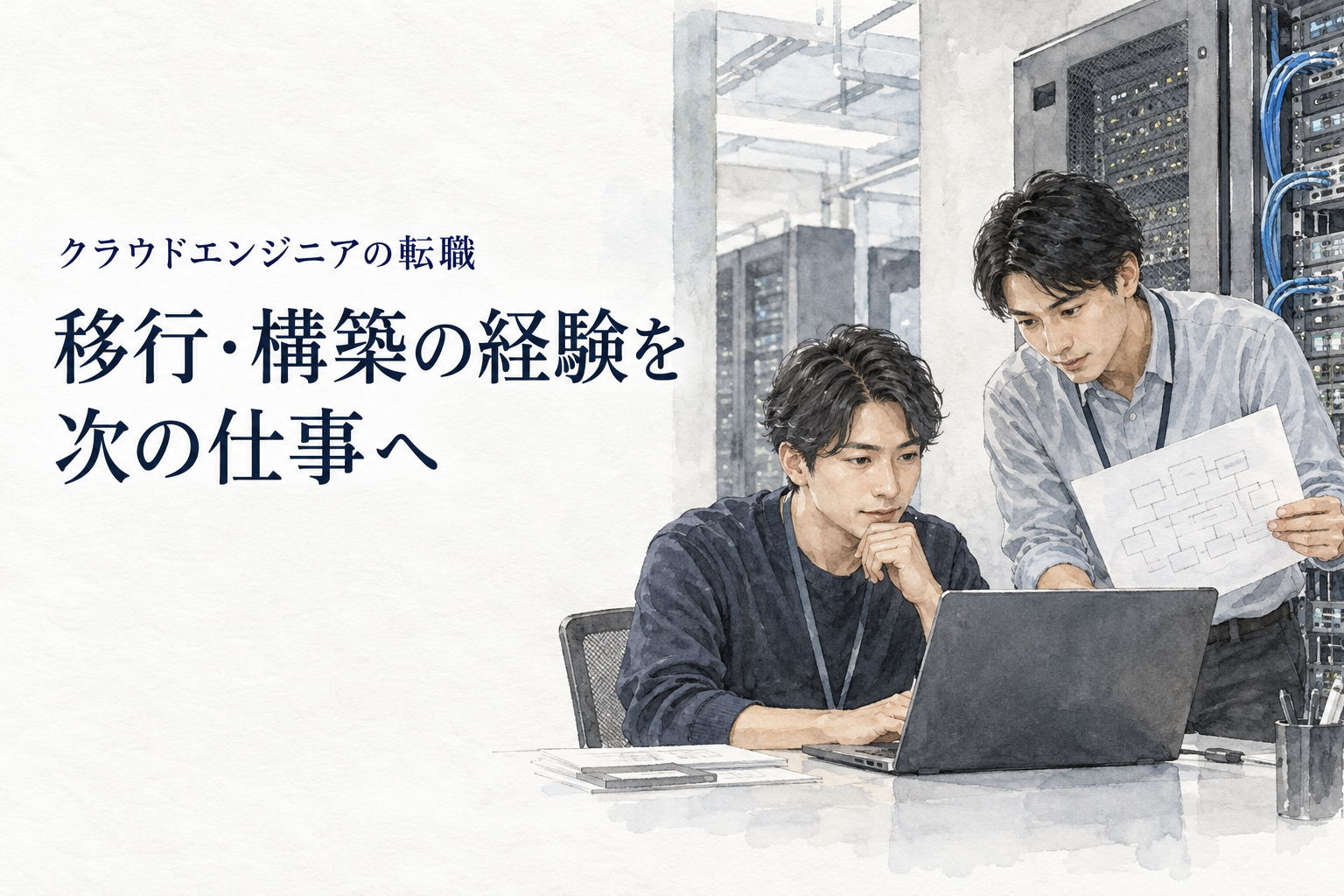 クラウドエンジニア 転職の記事画像。サーバーと構成図を見ながらクラウド移行を検討する二人の技術者。文字は「クラウドエンジニアの転職／移行・構築の経験を／次の仕事へ」。