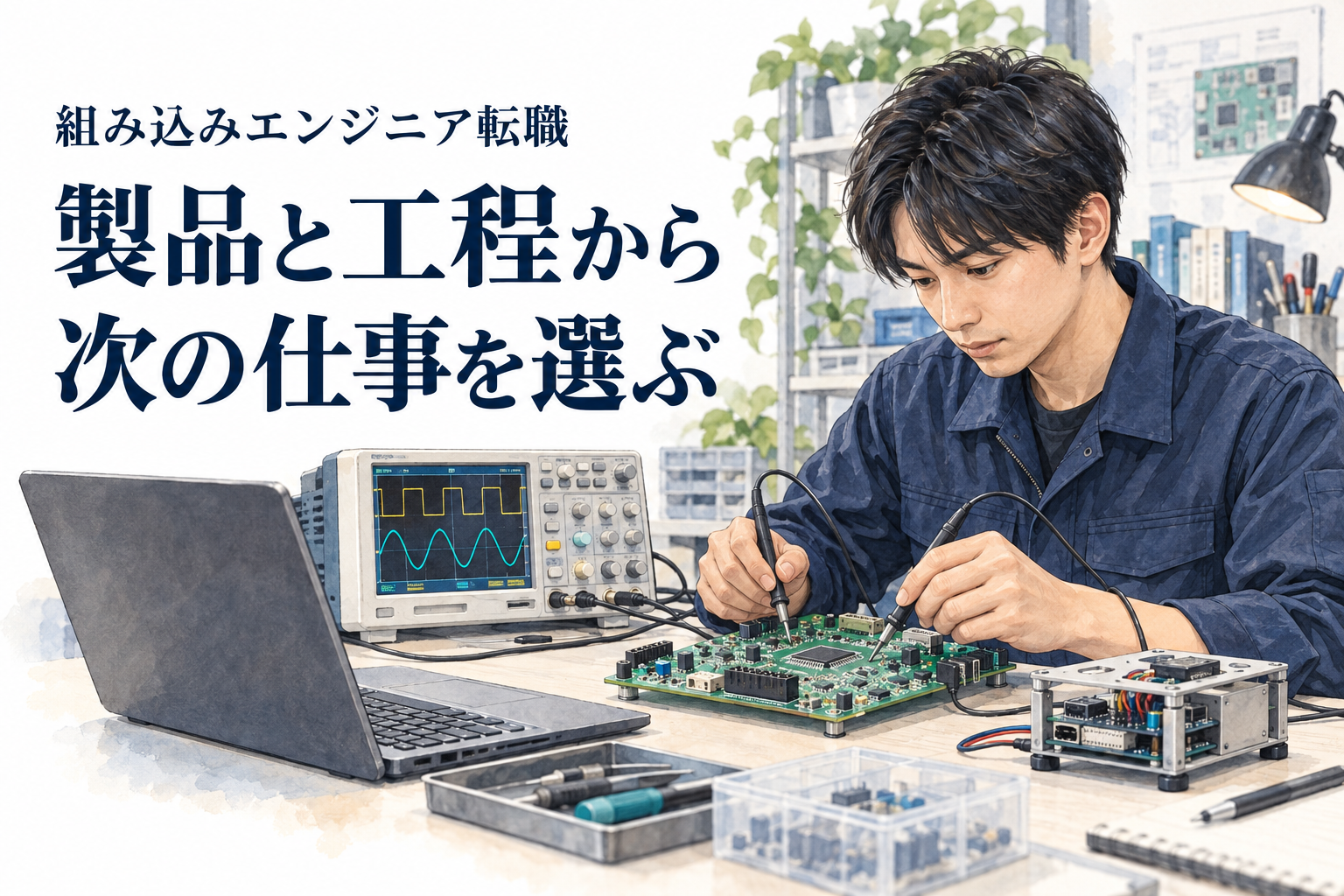 組み込みエンジニア 転職の記事画像。オシロスコープとプローブを使い基板を評価する技術者。文字は「組み込みエンジニア転職／製品と工程から／次の仕事を選ぶ」。