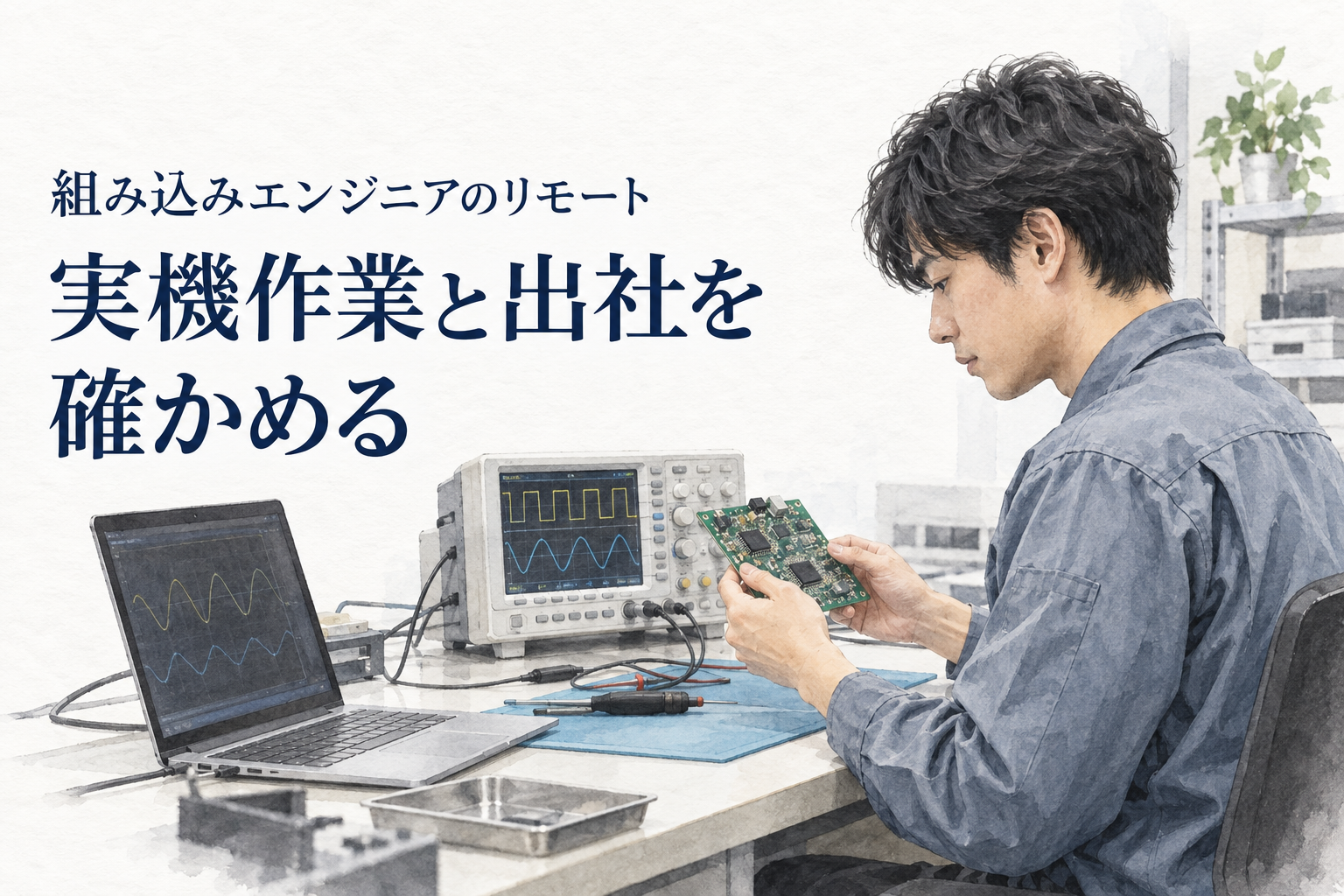 組み込みエンジニア リモートの記事画像。実験室で基板とオシロスコープを使う組み込みエンジニア。文字は「組み込みエンジニアのリモート／実機作業と出社を／確かめる」。