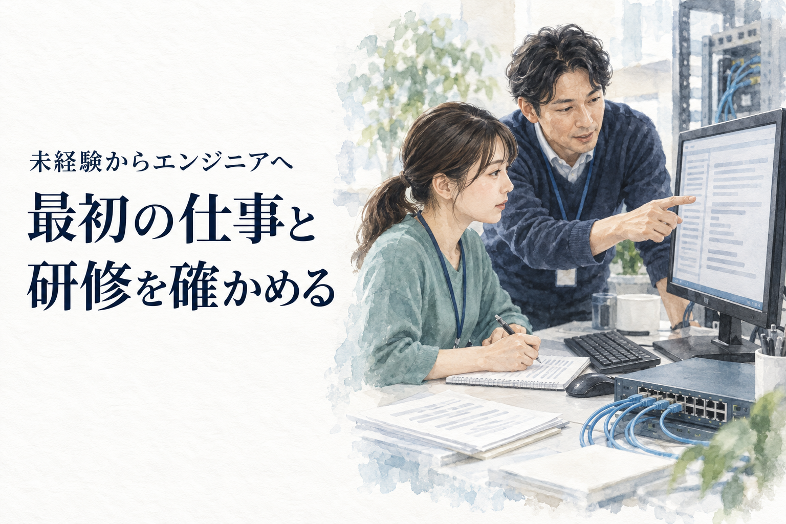 エンジニア転職 未経験の記事画像。新人と先輩がモニタを見てネットワーク業務を学ぶ。文字は「未経験からエンジニアへ／最初の仕事と／研修を確かめる」。