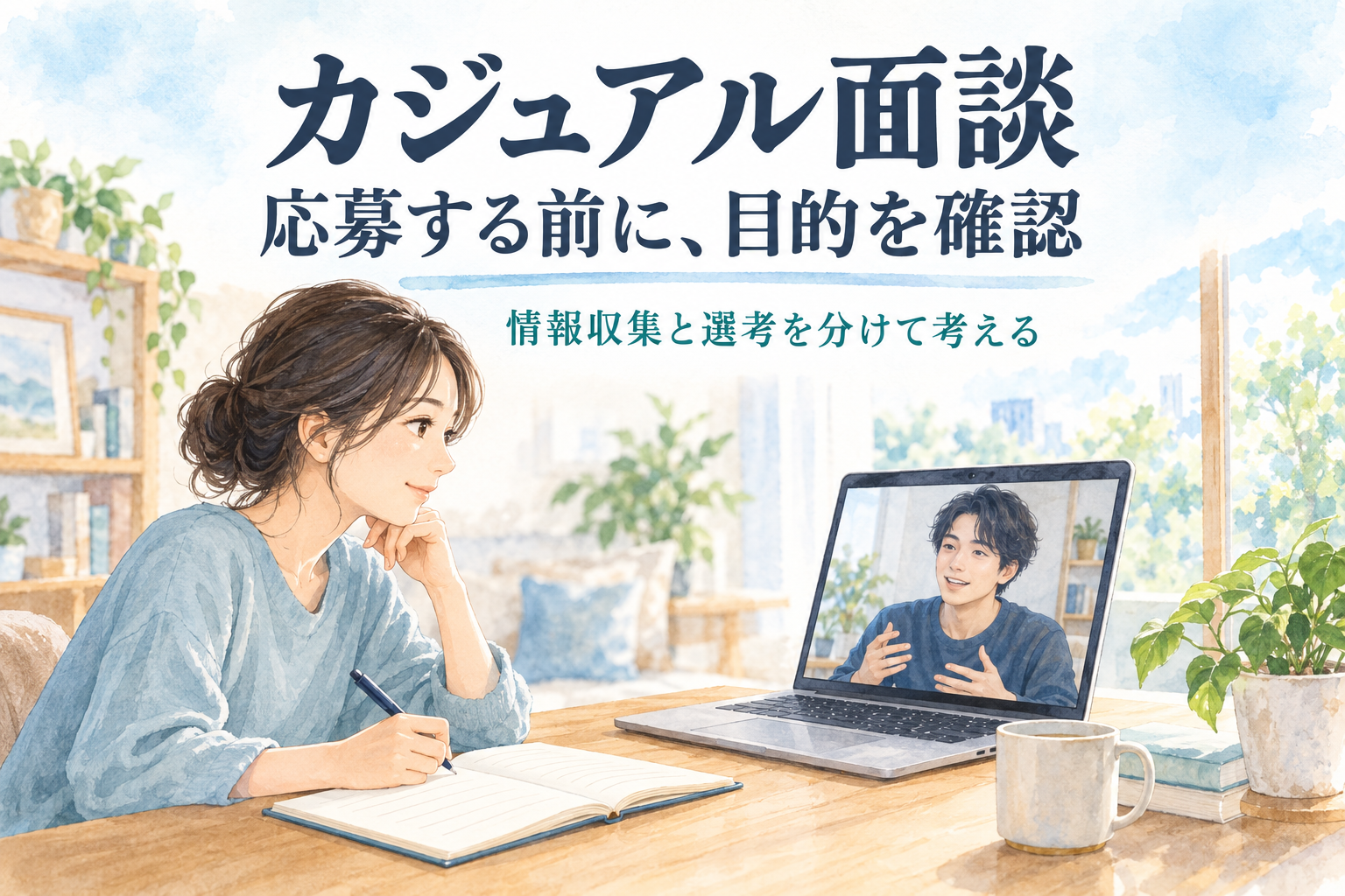 エンジニア転職のカジュアル面談で目的を確認し、ノートPC越しに企業のエンジニアと話す女性の水彩イラスト。