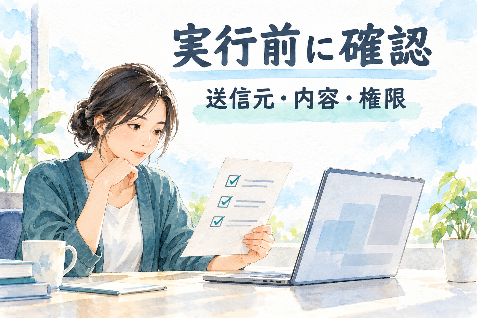 「実行前に確認」「送信元・内容・権限」の文字と、PCの横で確認事項を読む女性を描いた、エンジニア転職の採用課題の水彩イラスト。