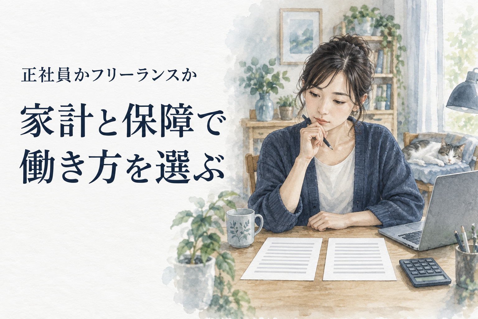 エンジニア 正社員 フリーランスの記事画像。自宅机で二つの書類と電卓を使い働き方を比べるエンジニア。文字は「正社員かフリーランスか／家計と保障で／働き方を選ぶ」。