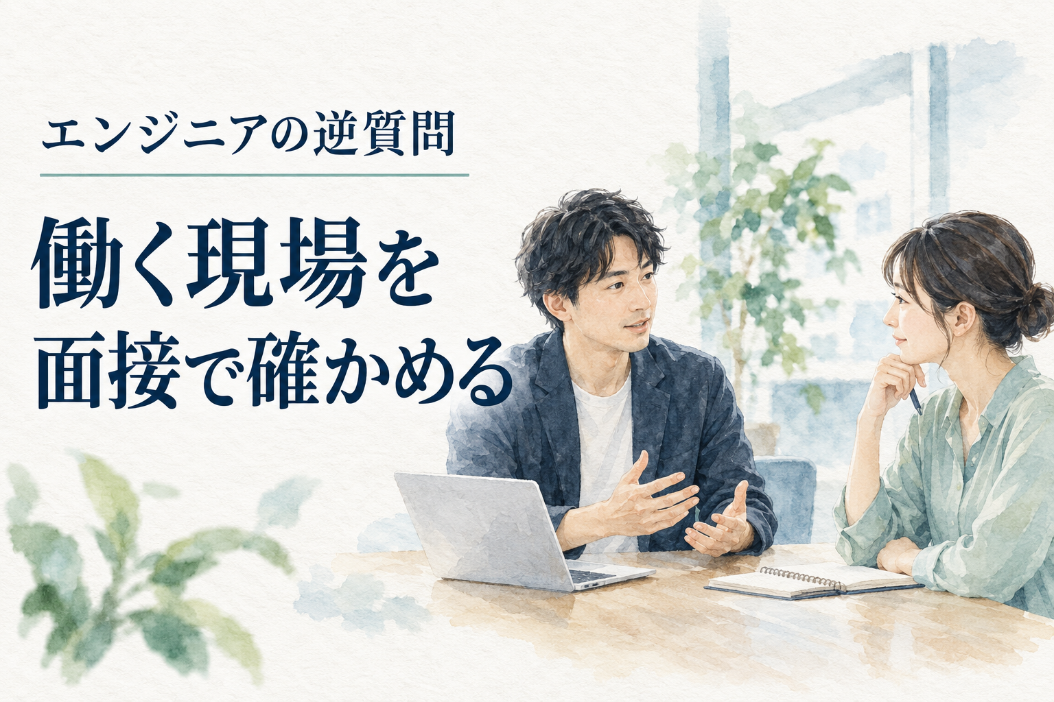 エンジニア 面接 逆質問の記事画像。水彩の仕事場面と「エンジニアの逆質問／働く現場を面接で確かめる」の文字。