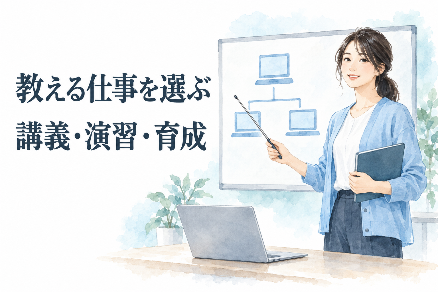 「教える仕事を選ぶ」「講義・演習・育成」の文字と、PCの図を指し示す女性講師を描いた、エンジニアのIT講師転職の水彩イラスト。
