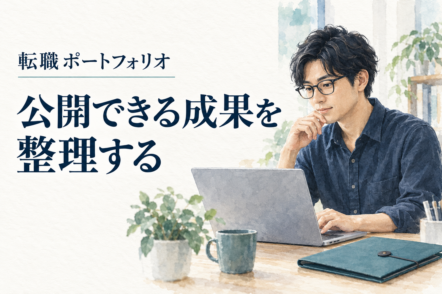 エンジニア ポートフォリオ 転職の記事画像。水彩の仕事場面と「転職ポートフォリオ／公開できる成果を整理する」の文字。