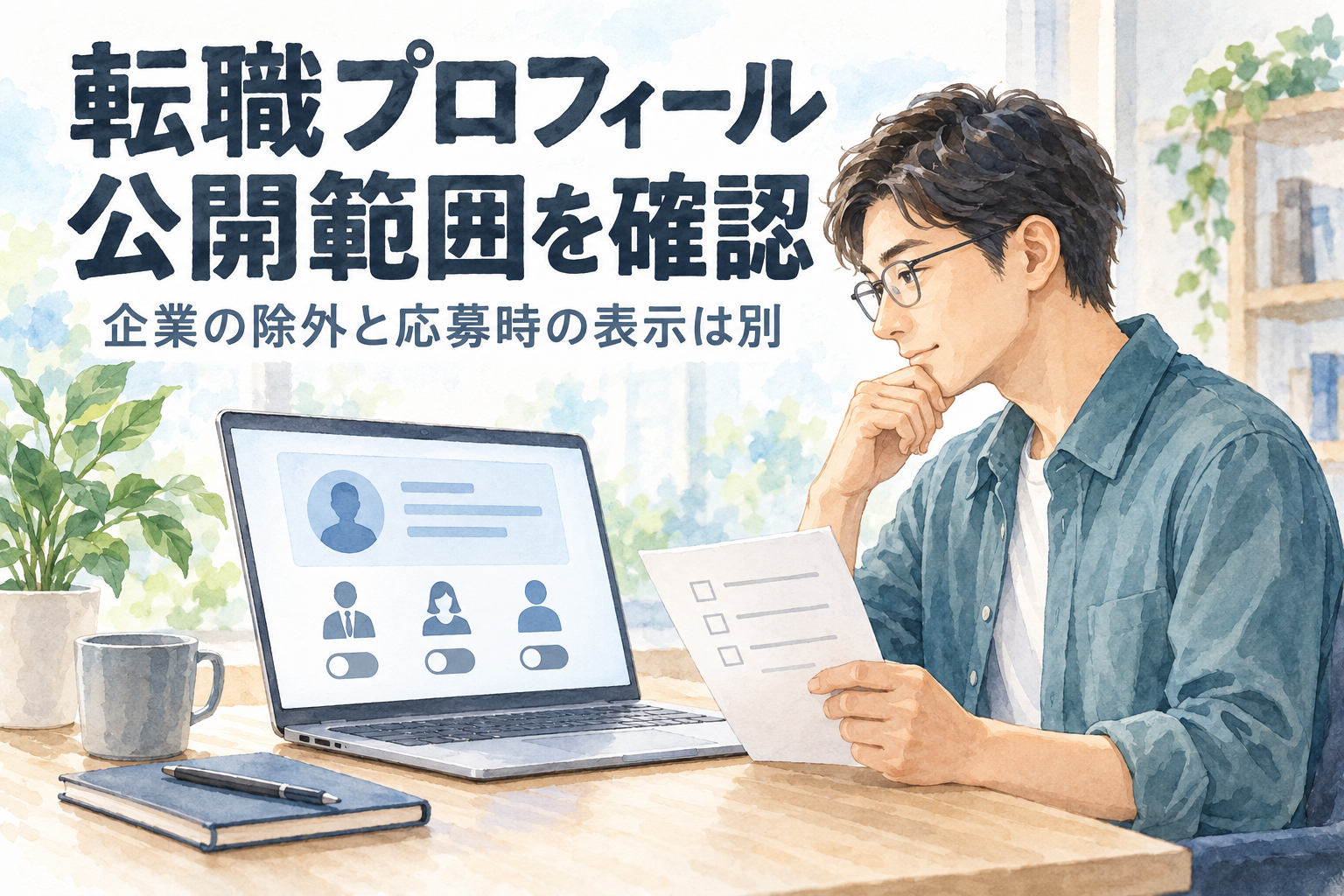 転職プロフィールの公開範囲を確認するエンジニア。企業の除外と応募時の表示を分けて考える水彩イラスト。