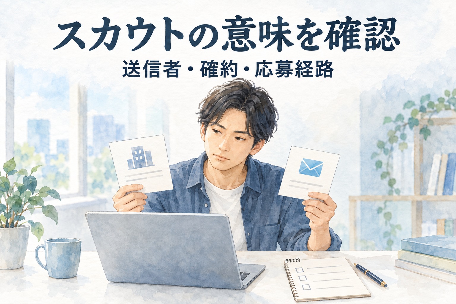 「スカウトの意味を確認」「送信者・確約・応募経路」の文字と、企業と封筒のカードを見比べる男性を描いたエンジニア転職の水彩イラスト。