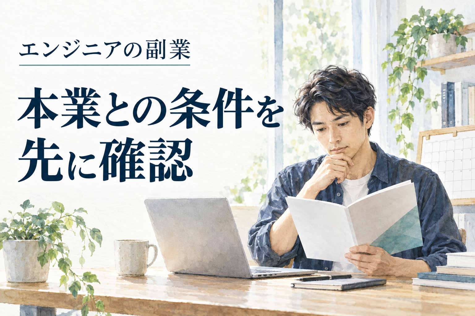 エンジニア 副業 就業規則の記事画像。水彩の仕事場面と「エンジニアの副業／本業との条件を先に確認」の文字。