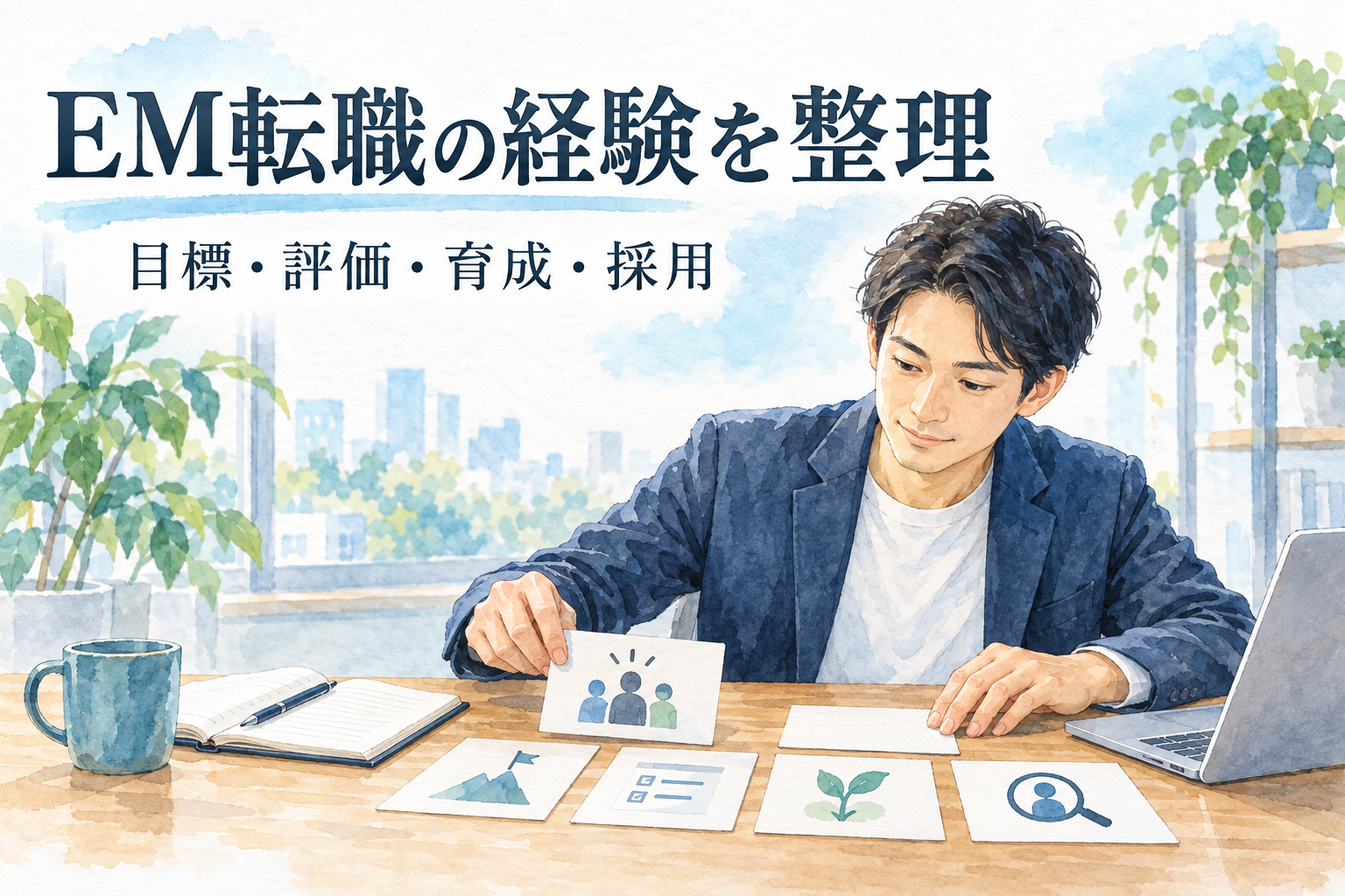 「EM転職の経験を整理」「目標・評価・育成・採用」の文字と、チームや仕事を表すカードを整理する男性を描いた、エンジニアリングマネージャー転職の水彩イラスト。
