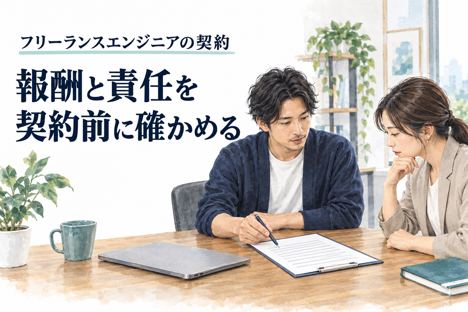 フリーランス エンジニア 契約の記事画像。契約の書面を指しながら発注担当者と確認するフリーランス。文字は「フリーランスエンジニアの契約／報酬と責任を／契約前に確かめる」。