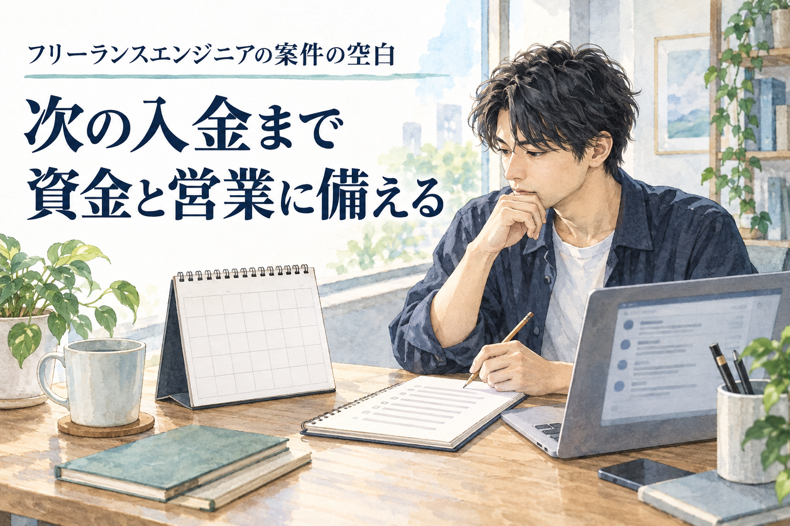 フリーランス エンジニア 案件 途切れるの記事画像。カレンダーと支出メモと連絡画面で次の案件を計画するフリーランス。文字は「フリーランスエンジニアの案件の空白／次の入金まで／資金と営業に備える」。