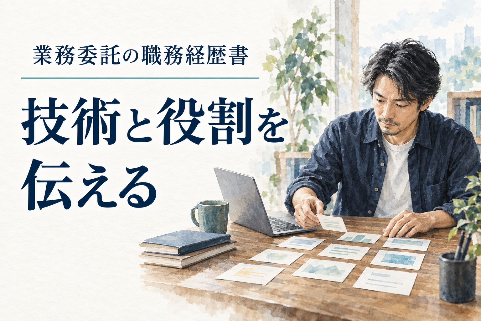 フリーランス エンジニア 職務経歴書の記事画像。水彩の仕事場面と「業務委託の職務経歴書／技術と役割を伝える」の文字。