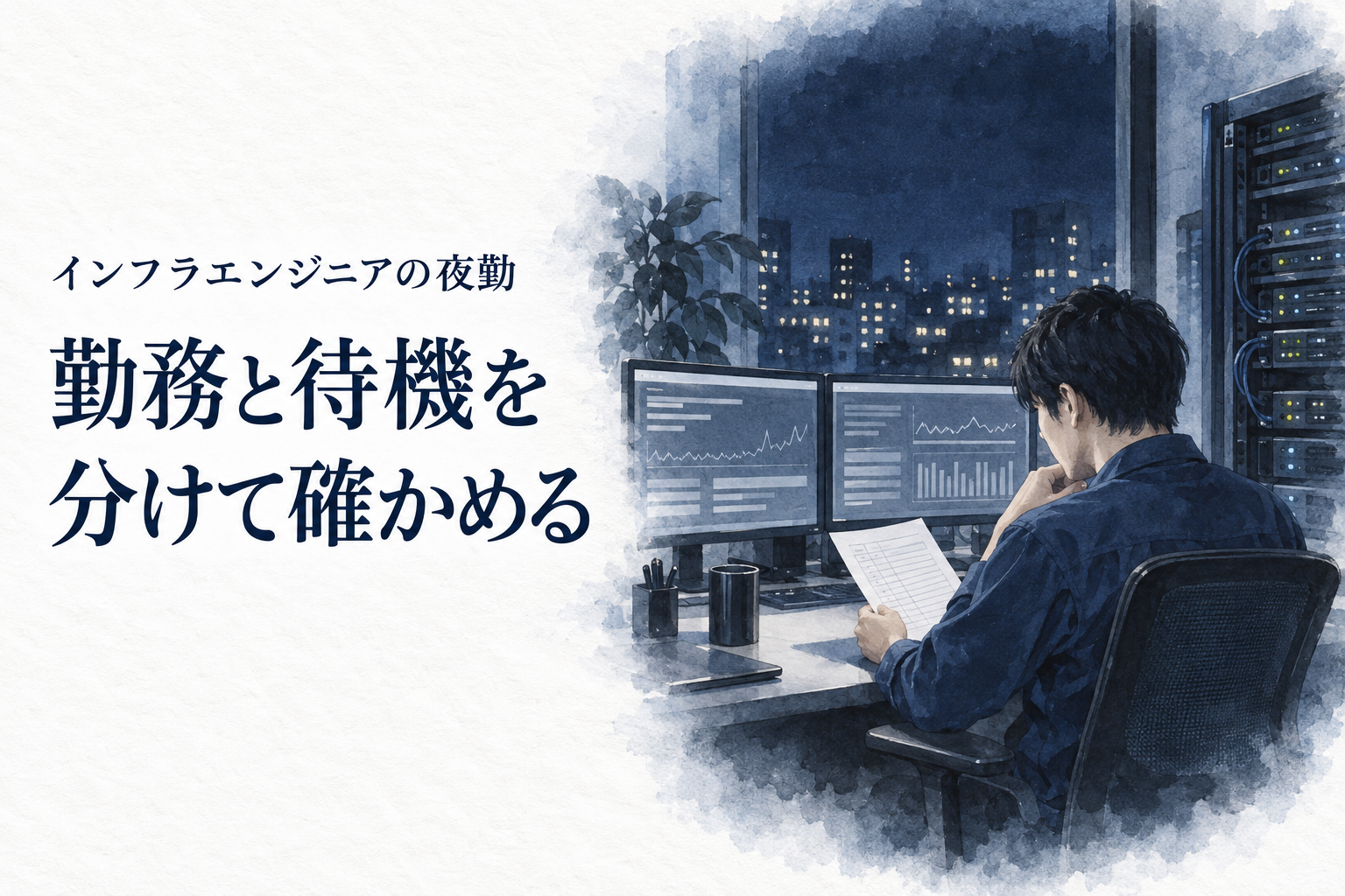 インフラエンジニア 夜勤の記事画像。夜の監視室で勤務表を確認するエンジニア。文字は「インフラエンジニアの夜勤／勤務と待機を／分けて確かめる」。