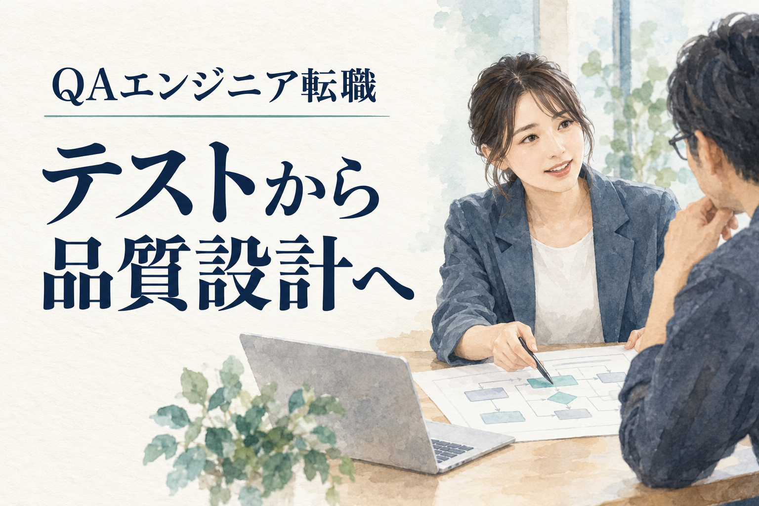QA エンジニア 転職の記事画像。水彩の仕事場面と「QAエンジニア転職／テストから品質設計へ」の文字。
