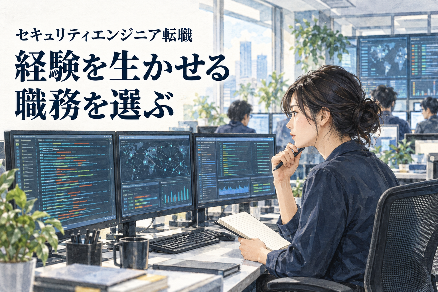 セキュリティ エンジニア 転職の記事画像。SOCで監視画面とノートを確認するセキュリティ担当者。文字は「セキュリティエンジニア転職／経験を生かせる／職務を選ぶ」。
